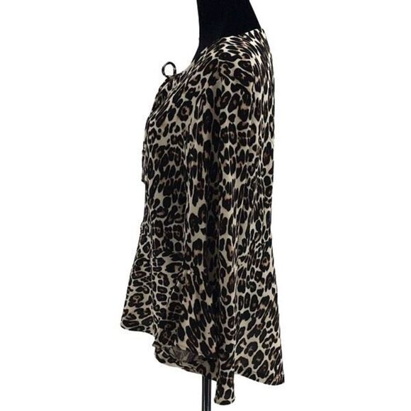 Chico's Womens Animal Print Bell Sleeve Lace-Up Peplum Blouse Black Tan Size 2 - Picture 3 of 10